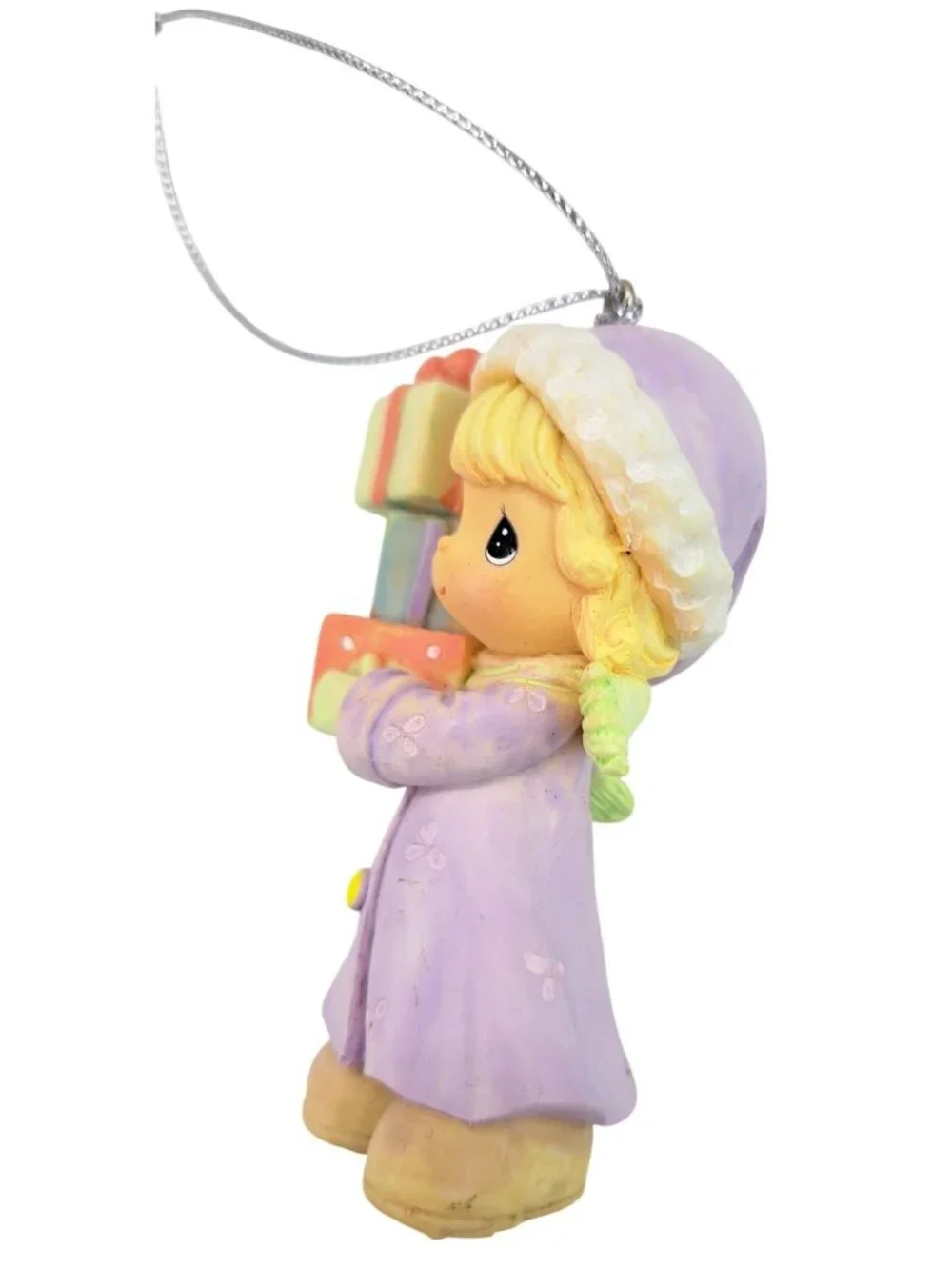 Vintage Precious Moments Christmas Ornament Girl Holding Gift Purple Coat Blonde - Picture 6 of 8